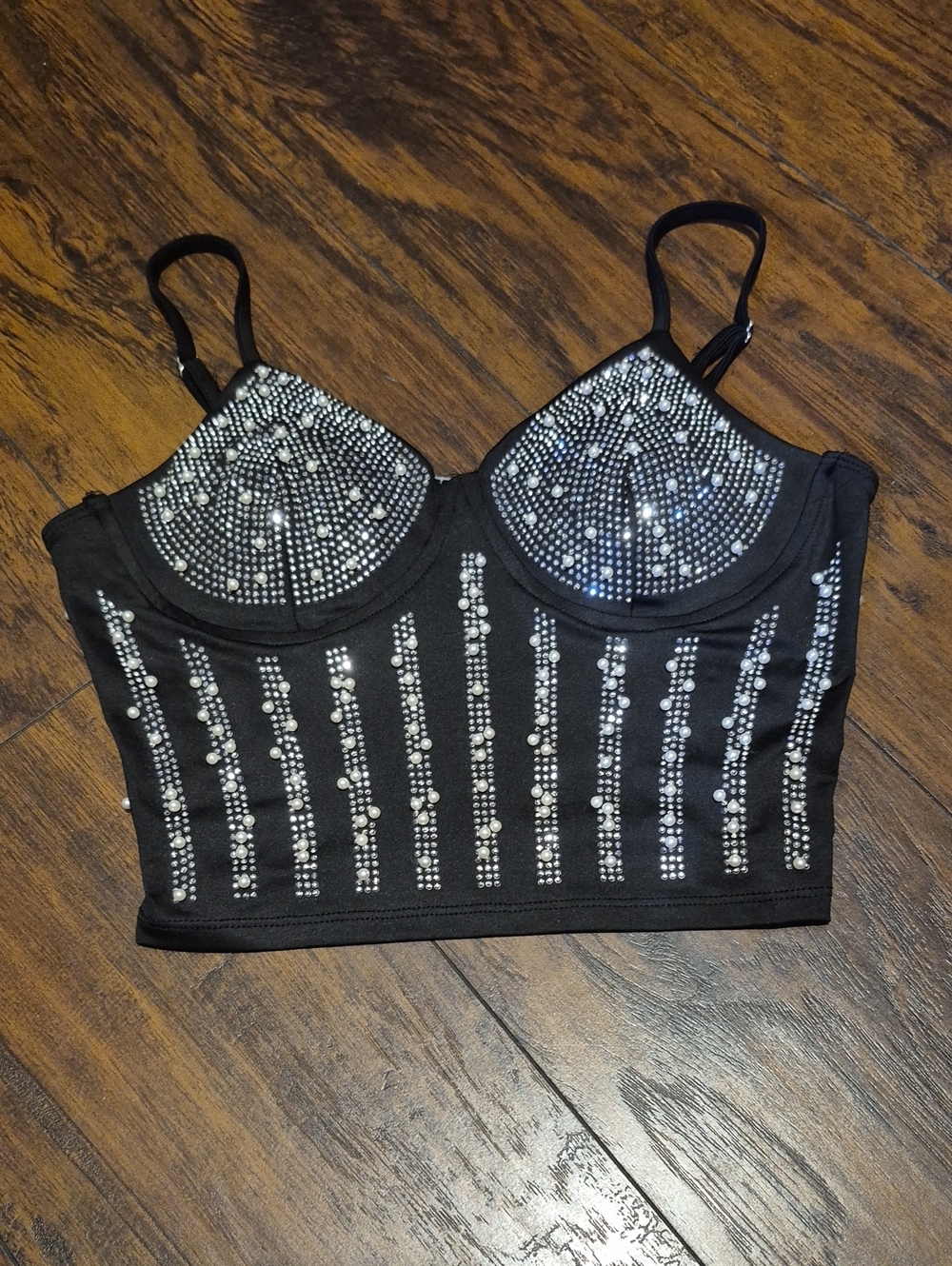 Black Crystal-Embellished Bustier Camisole Top